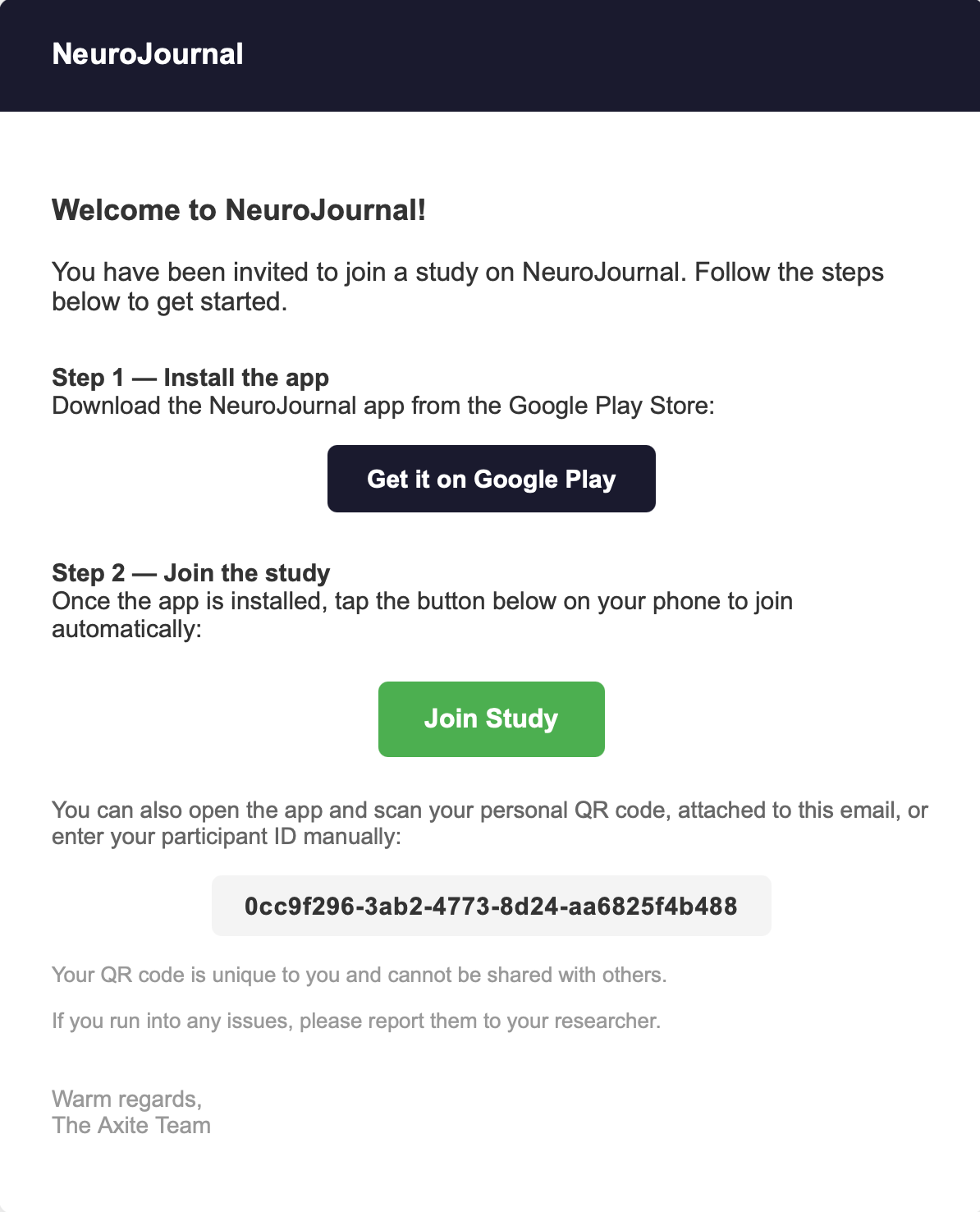 Example invite email received by a participant