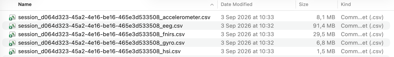 File explorer showing the five CSV files exported for one session