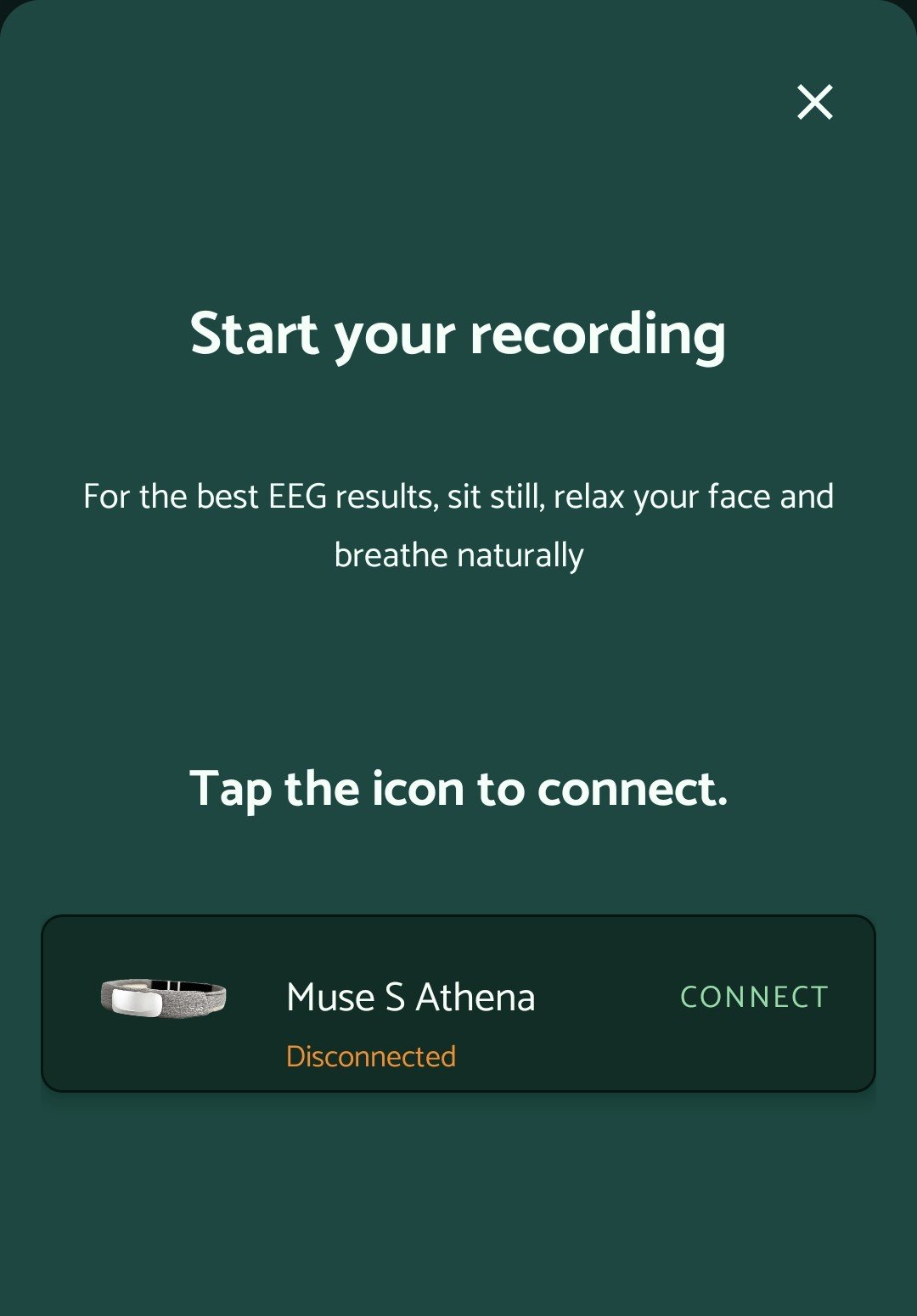 NeuroJournal app prompting the participant to connect their headset