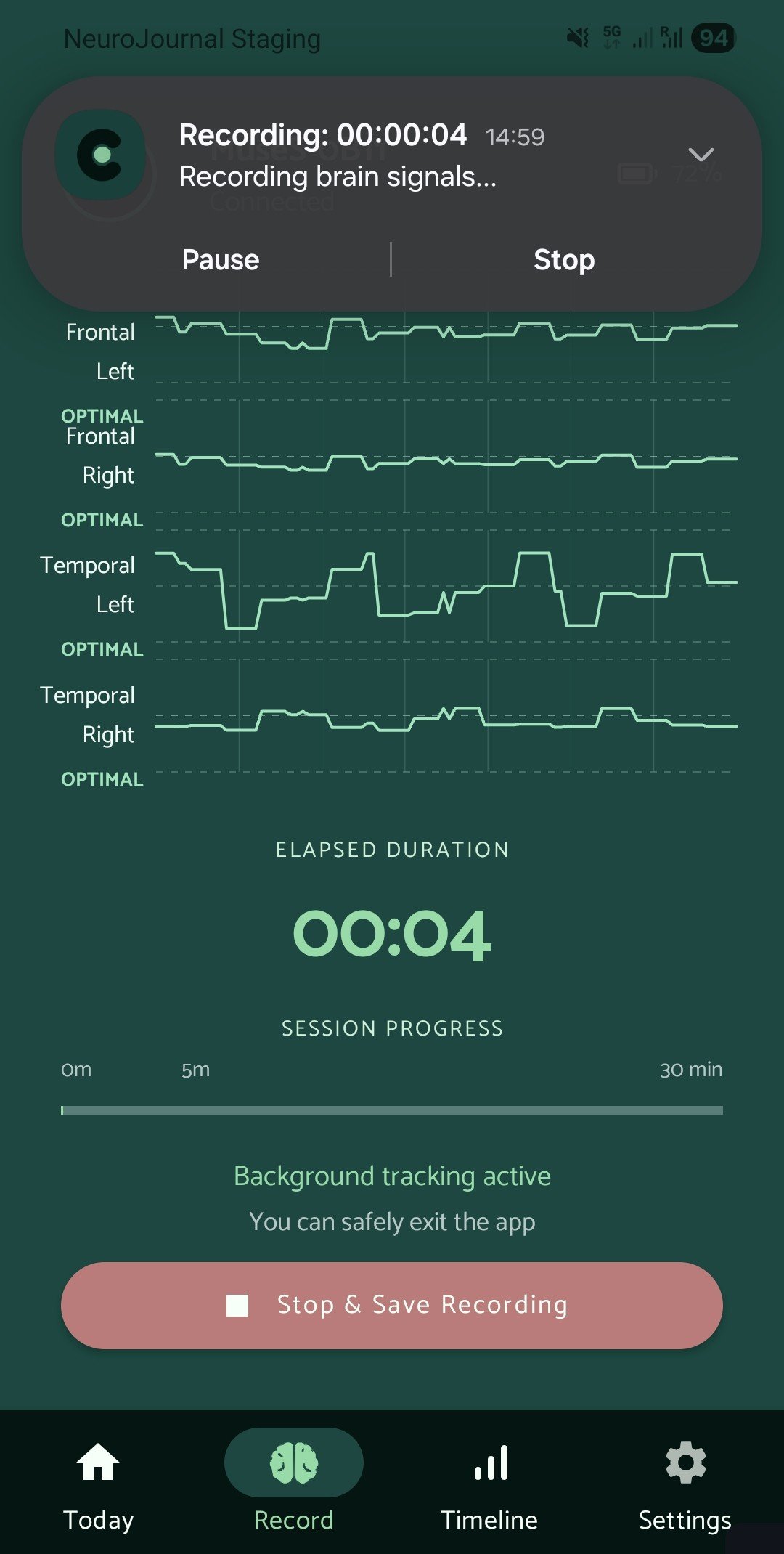 NeuroJournal app during an active EEG recording